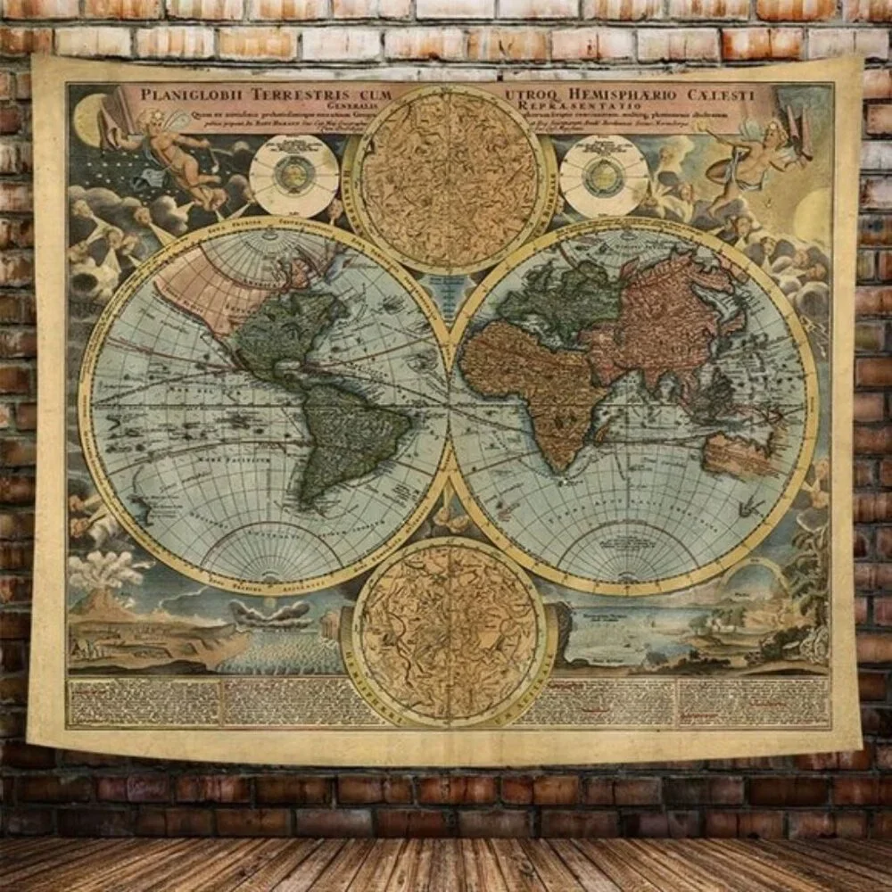 New Vintage World Map Tapestry, Retro Nautical Wall Art for Home & Room Decor
